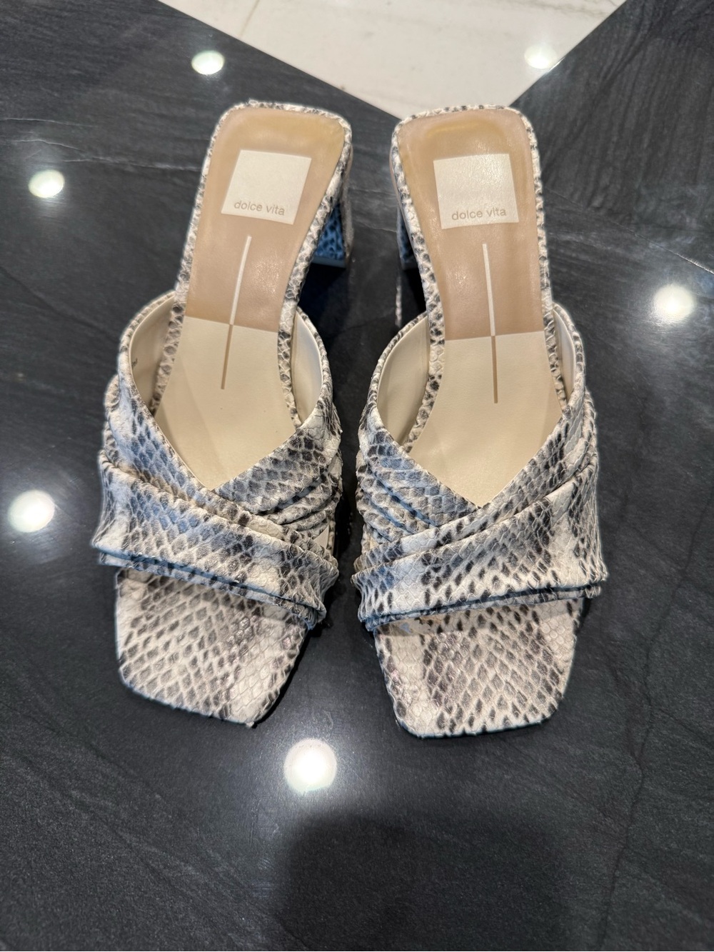 Dolce Vita Snake-Print Mules in Cream and Gray